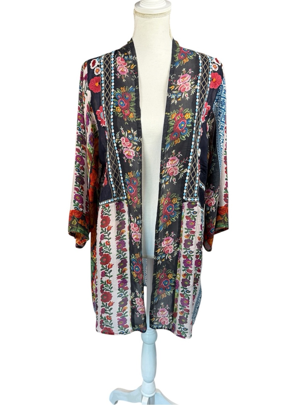 All About Her Boho Floral Patchwork Open Front Kimono 3/4 Sleeves Blue OS